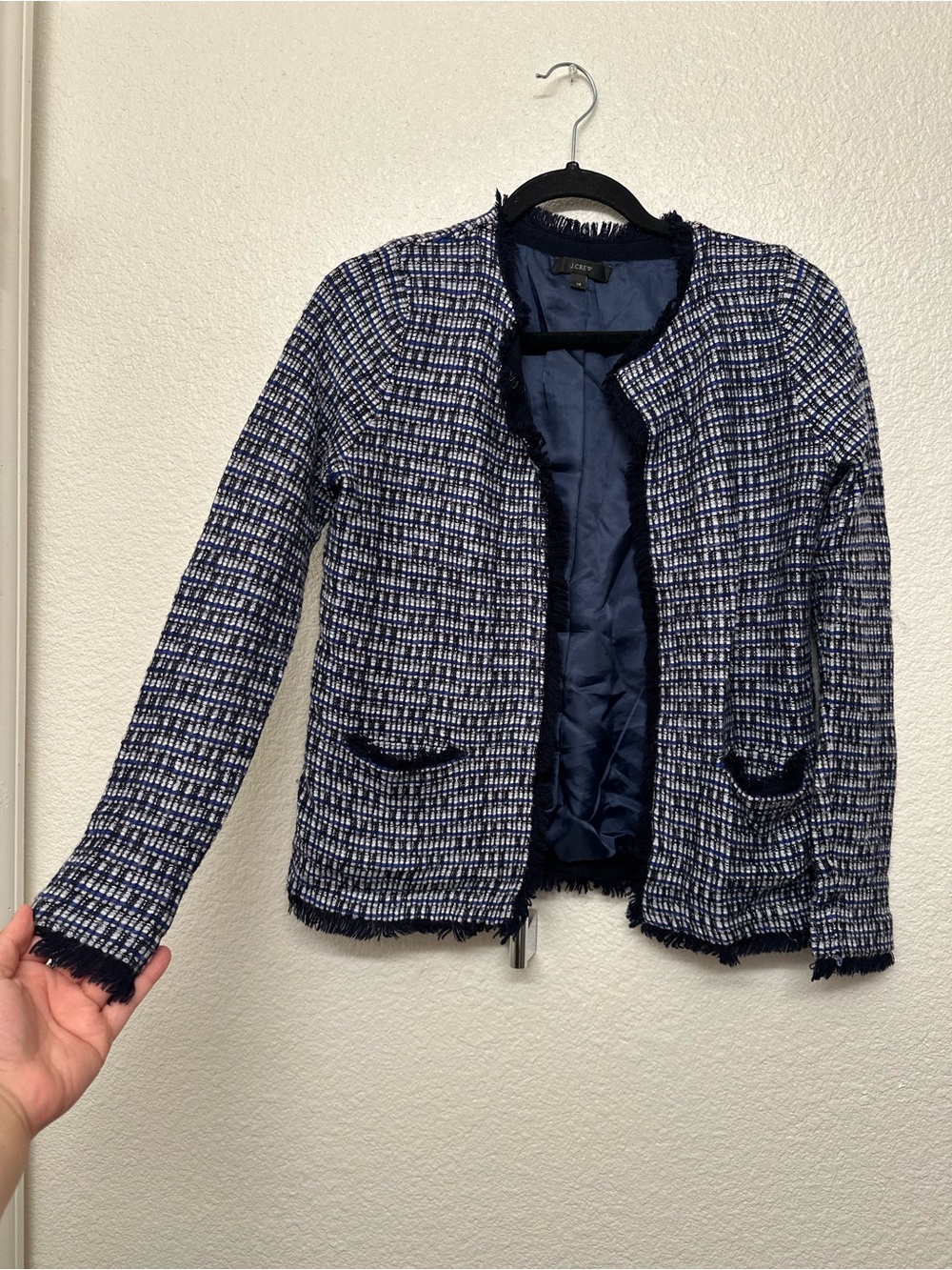 J. Crew Navy and White Tweed Fringe Jacket